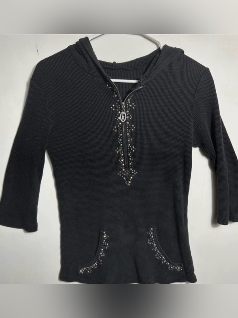 Y2K Designer Christian Alexander Black Rhinestone-Trim Hooded Waffle-Knit Top